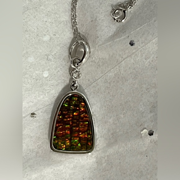 14k Ammolite and Diamond White Gold Pendant Necklace - Picture 4 of 17